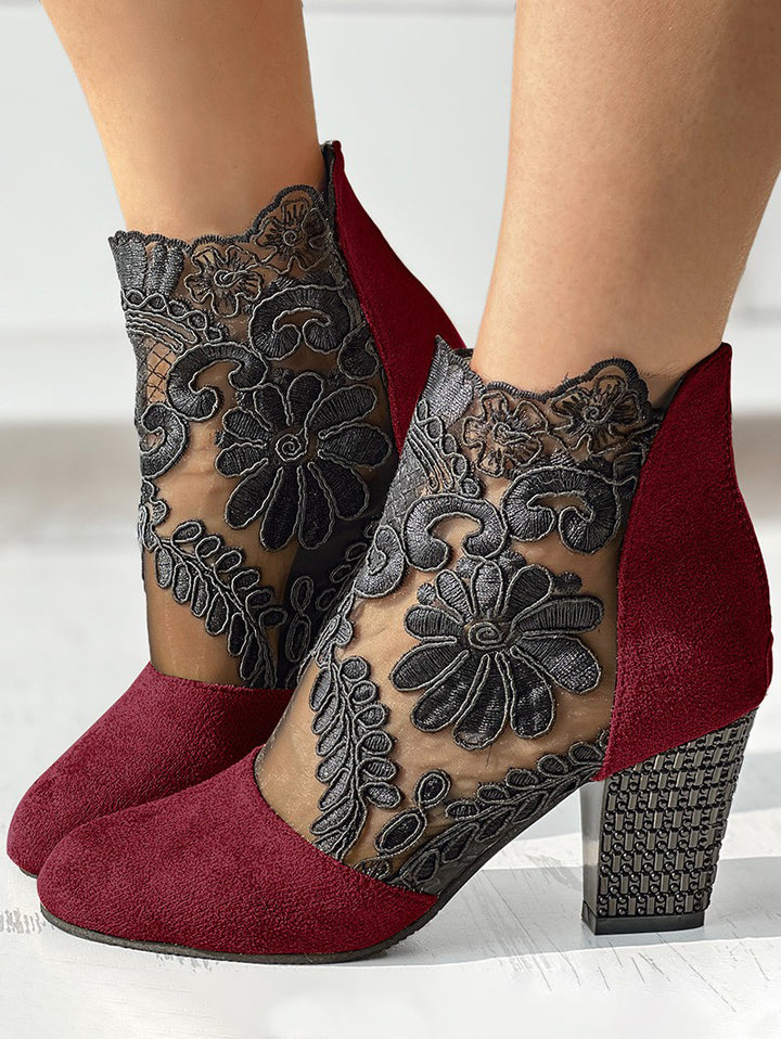 Sheer Lace Flower Chunky Heels Sandals