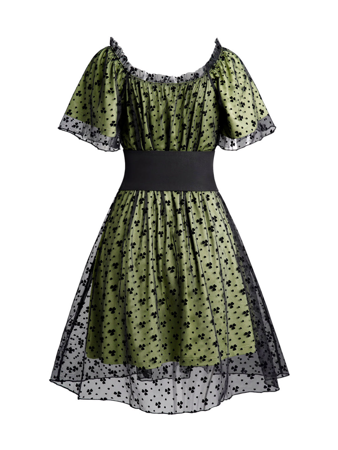 Floral Pattern Mesh Overlay Ruffles Mini Dress With Lace Up Belt