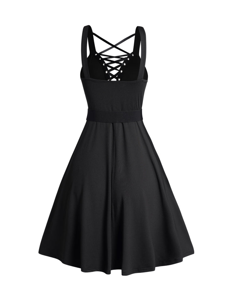 Gothic Lace Up Buckle Strap Crisscross A Line Mini Dress