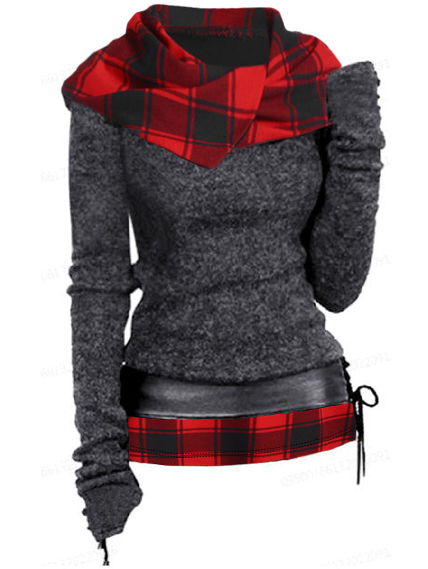 Plaid Print Knit Hooded Top