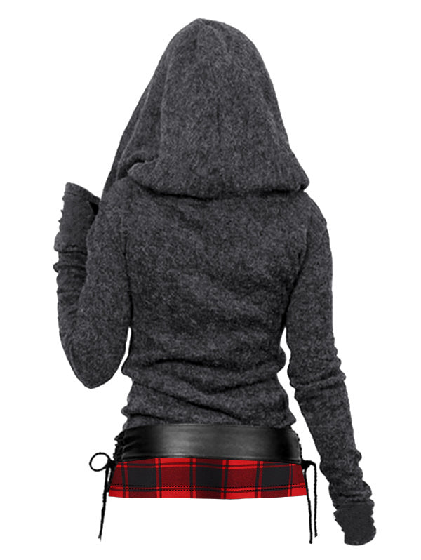 Plaid Print Knit Hooded Top