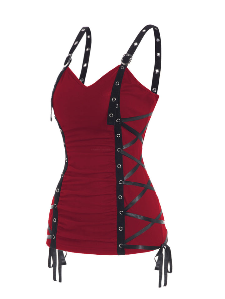 Plain Color Ruched Grommet Lace Up Casual Tank Top -RED