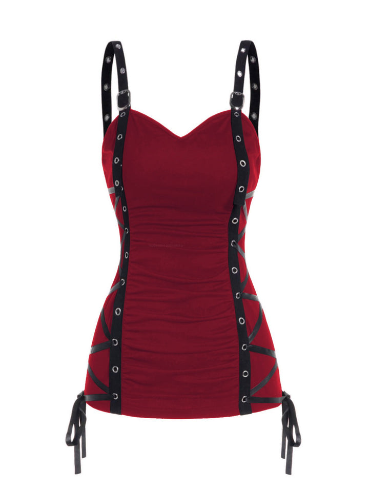 Plain Color Ruched Grommet Lace Up Casual Tank Top -RED