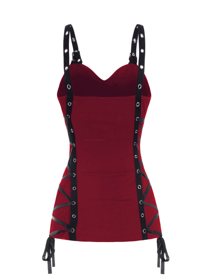Plain Color Ruched Grommet Lace Up Casual Tank Top -RED