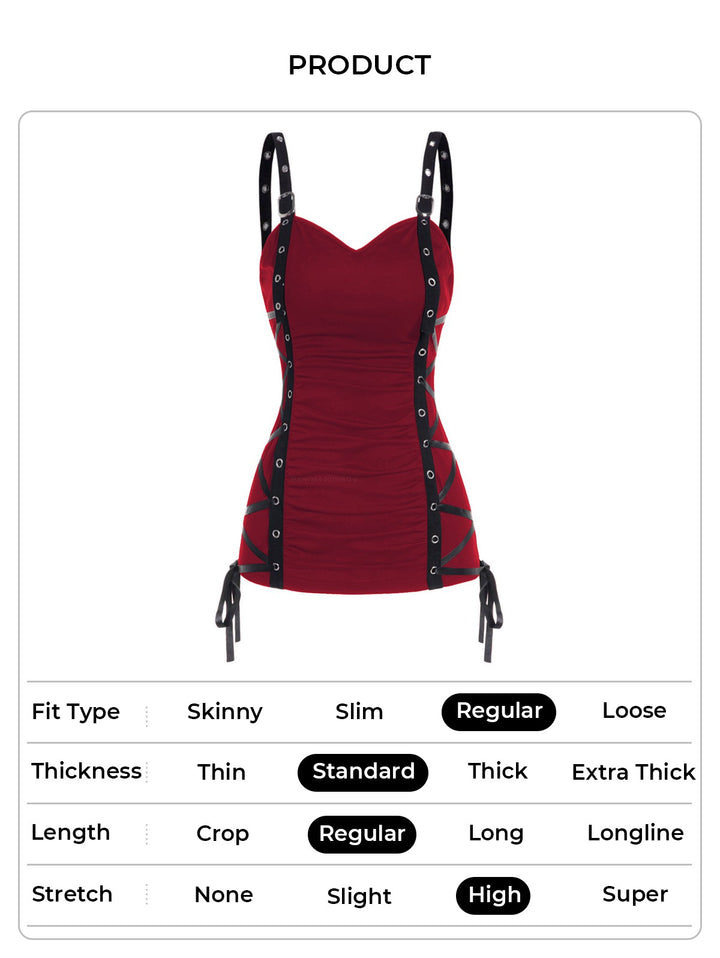 Plain Color Ruched Grommet Lace Up Casual Tank Top -RED