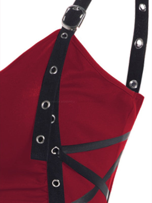 Plain Color Ruched Grommet Lace Up Casual Tank Top -RED