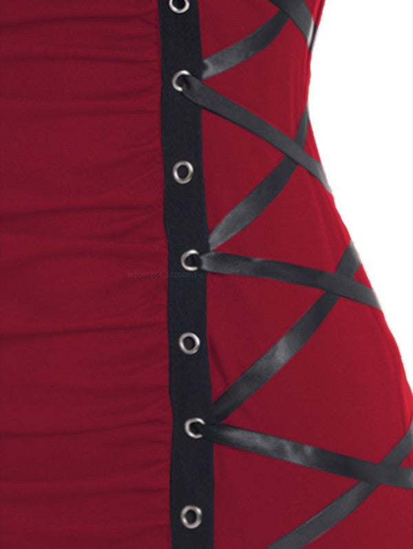 Plain Color Ruched Grommet Lace Up Casual Tank Top -RED