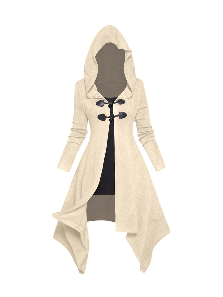 Asymmetric Horn Button Colorblock Hooded Knit Faux Twinset Top