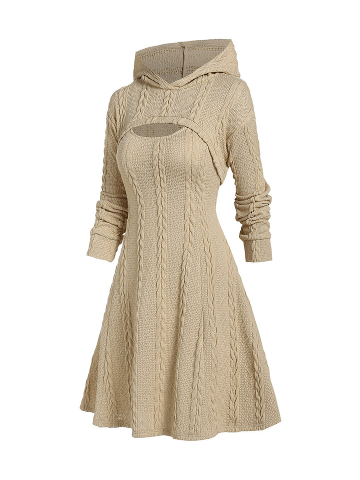 Hooded Cable Knit Arm Warmer Sweater and Dress Set