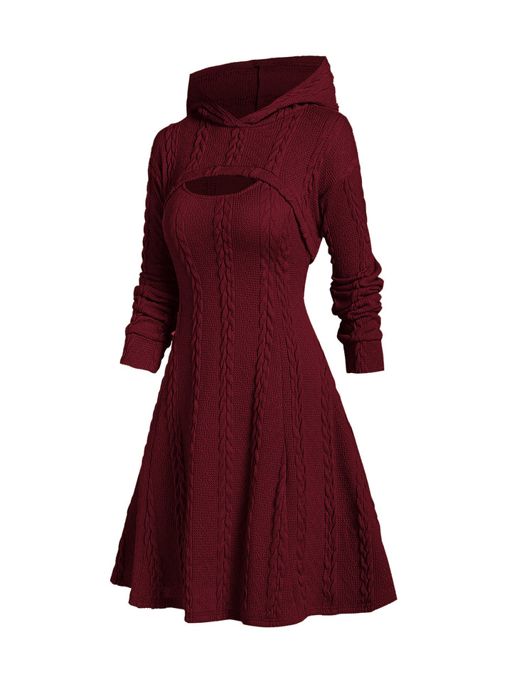 Hooded Cable Knit Arm Warmer Sweater and Dress Set