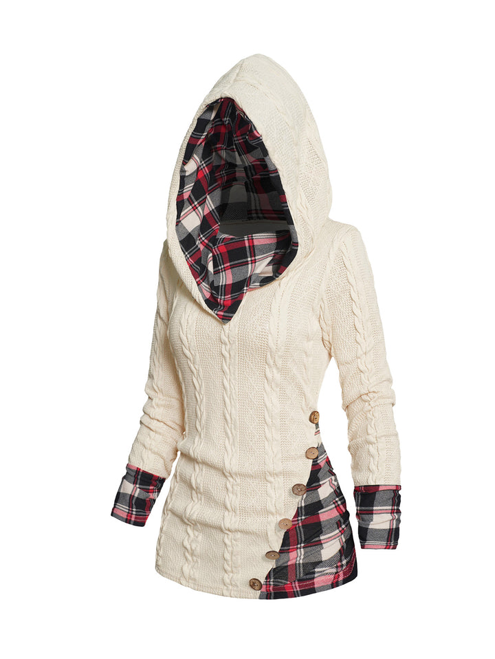 Twisted Cable Knit Plaid Print Ruched Hooded Sweater