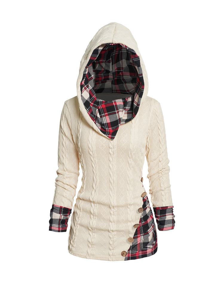 Twisted Cable Knit Plaid Print Ruched Hooded Sweater