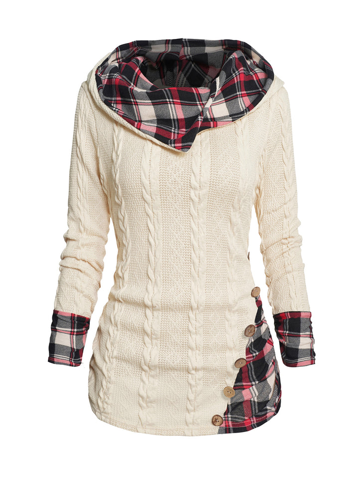 Twisted Cable Knit Plaid Print Ruched Hooded Sweater