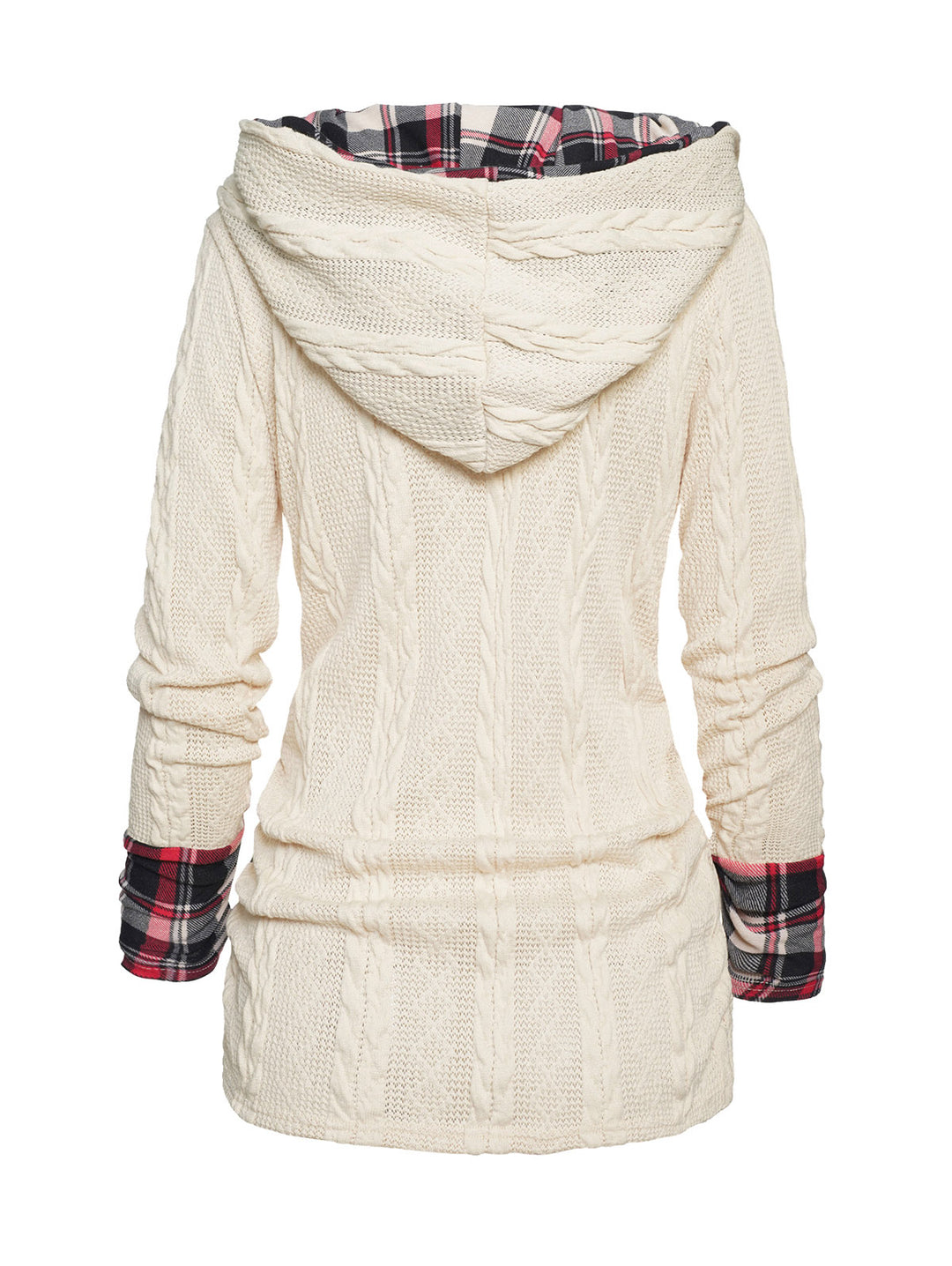 Twisted Cable Knit Plaid Print Ruched Hooded Sweater