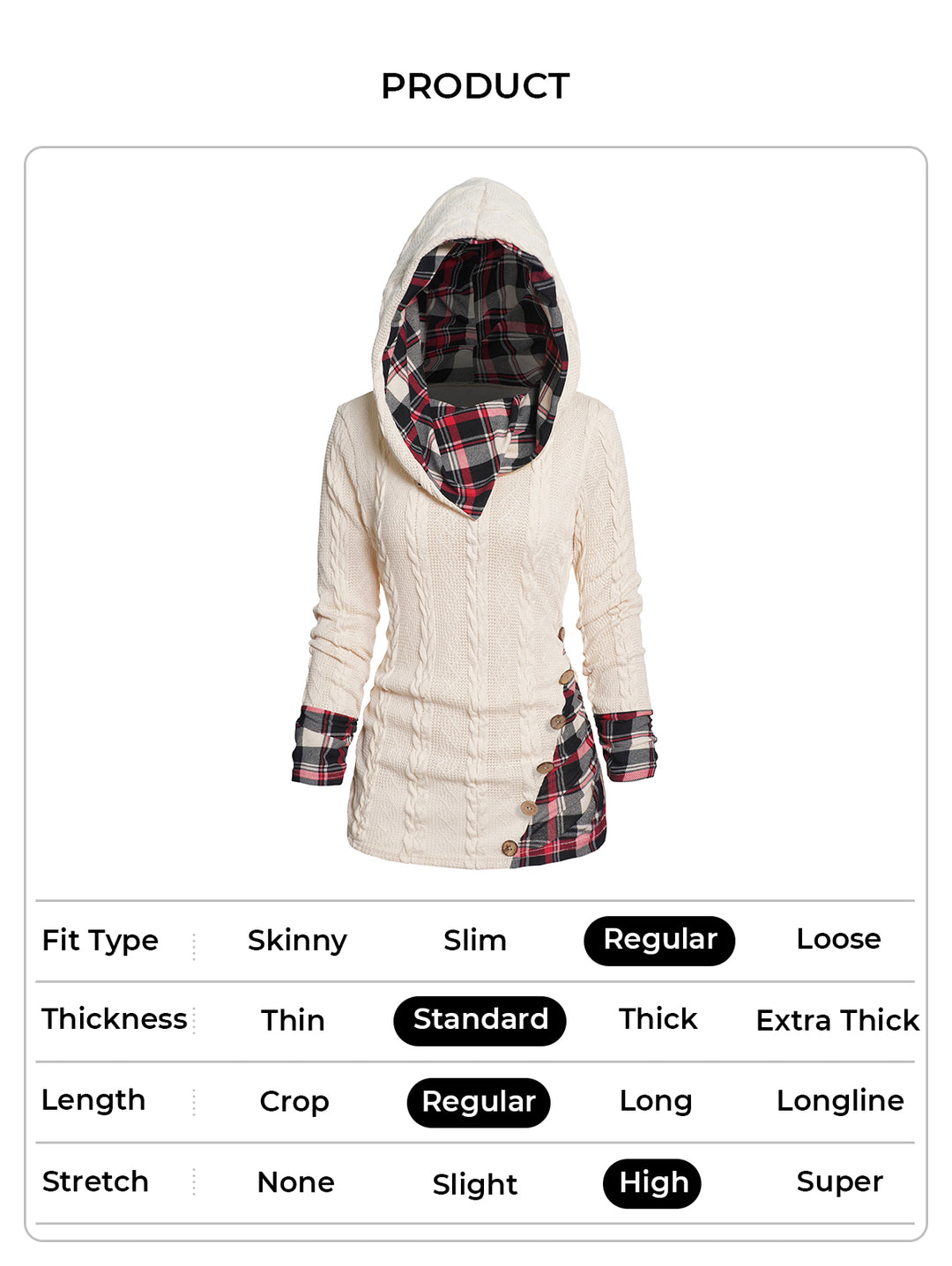 Twisted Cable Knit Plaid Print Ruched Hooded Sweater