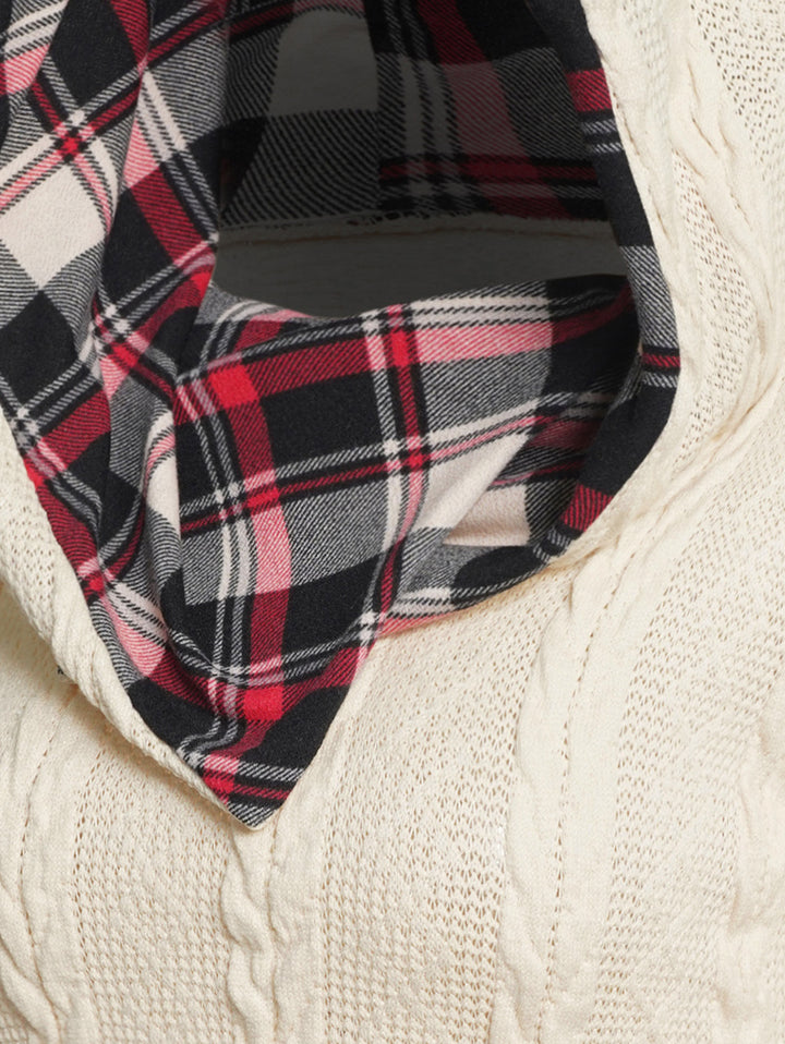 Twisted Cable Knit Plaid Print Ruched Hooded Sweater