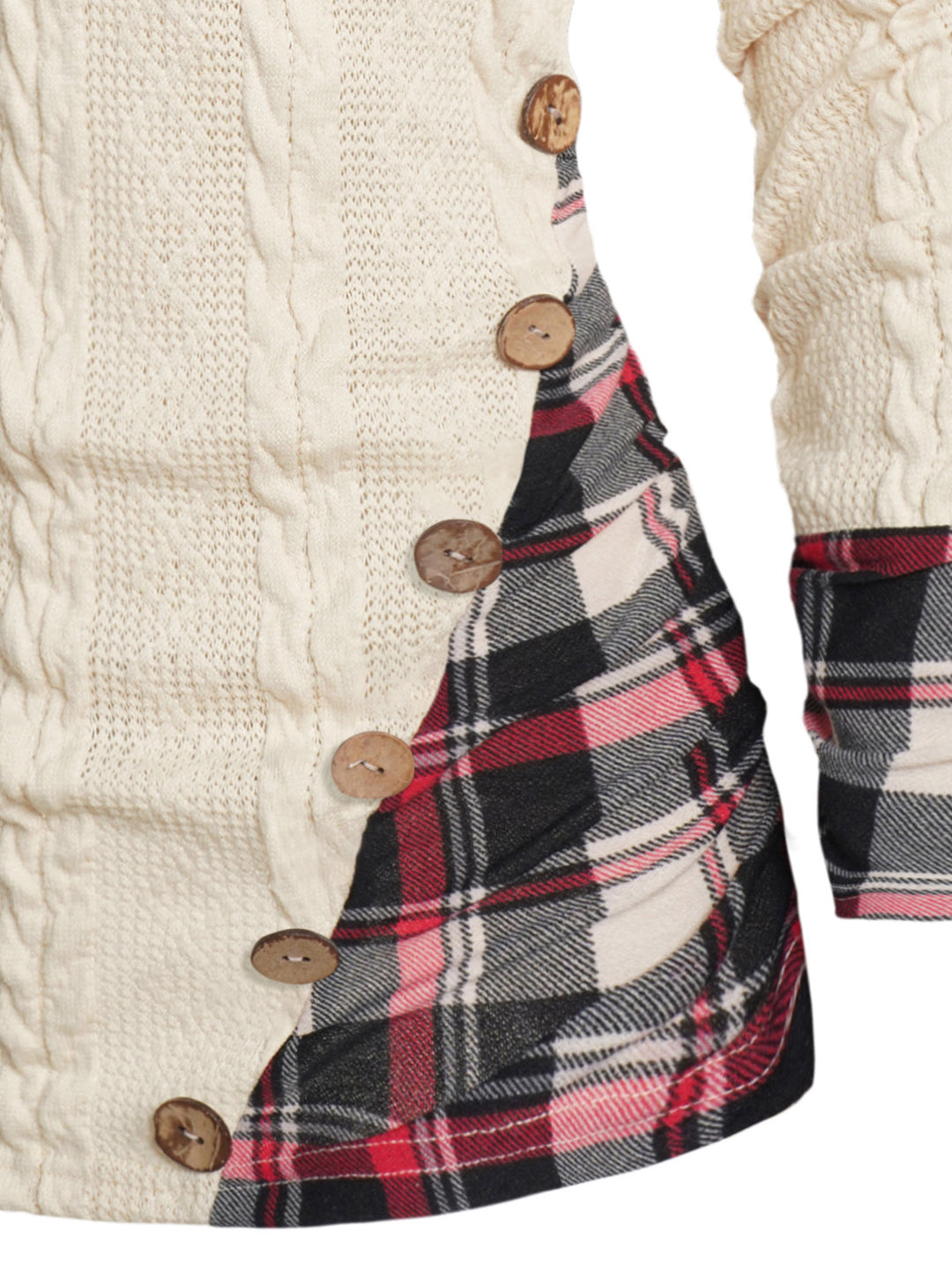 Twisted Cable Knit Plaid Print Ruched Hooded Sweater