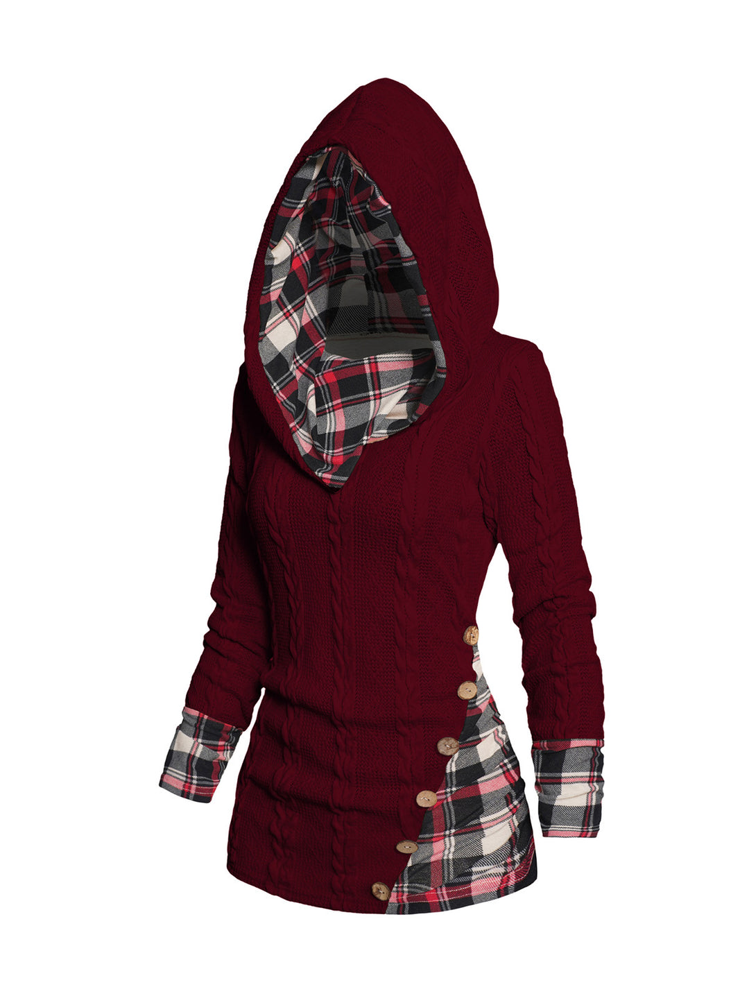 Twisted Cable Knit Plaid Print Ruched Hooded Sweater