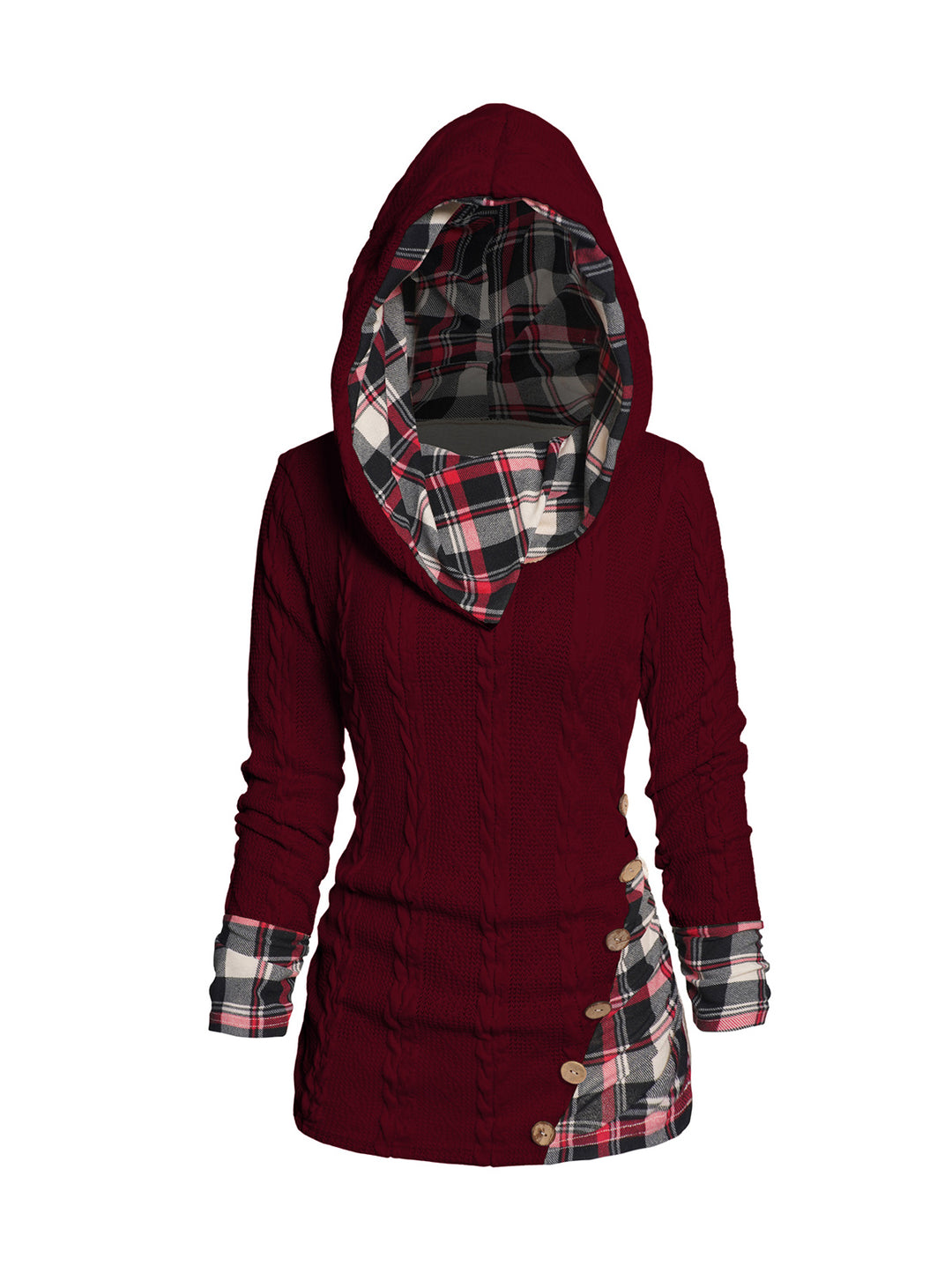 Twisted Cable Knit Plaid Print Ruched Hooded Sweater