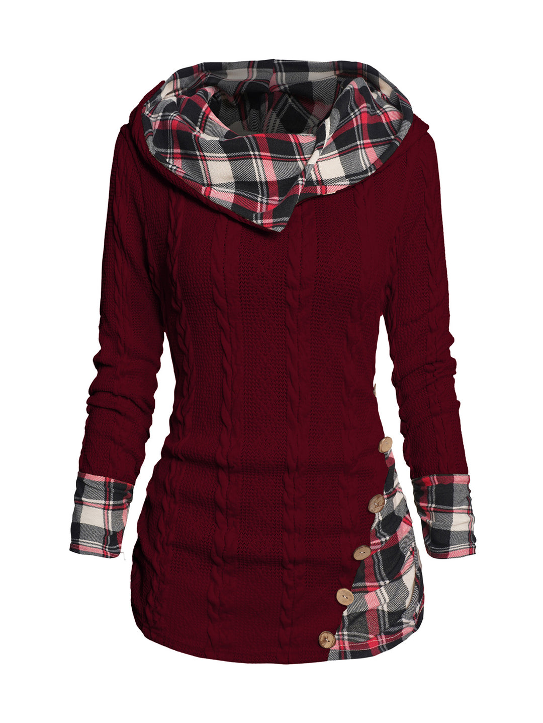 Twisted Cable Knit Plaid Print Ruched Hooded Sweater