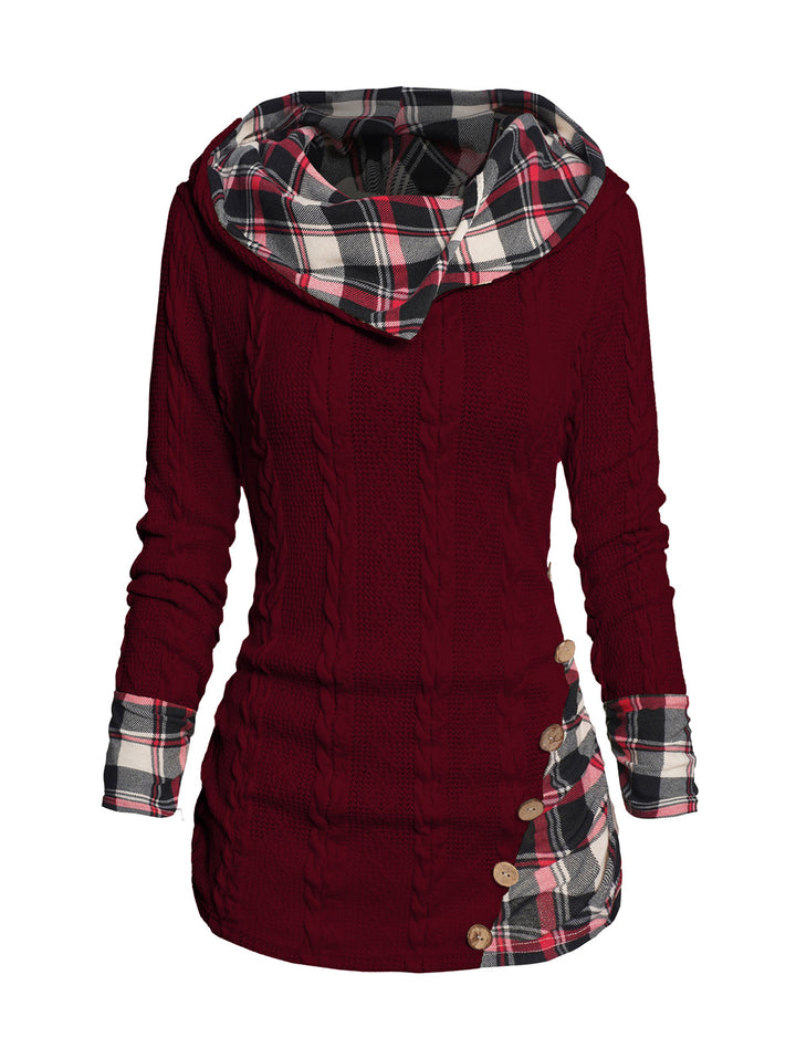 Twisted Cable Knit Plaid Print Ruched Hooded Sweater