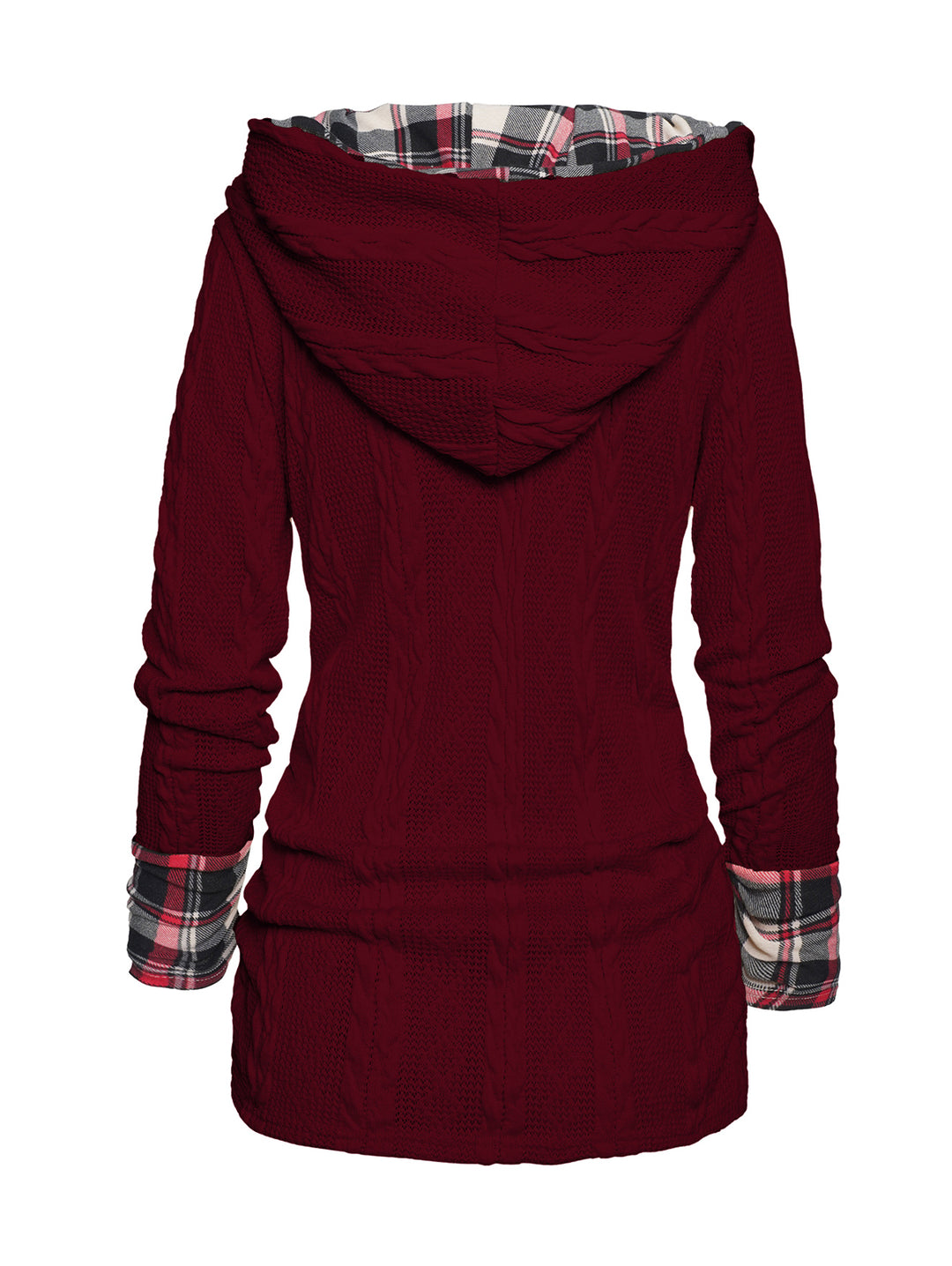 Twisted Cable Knit Plaid Print Ruched Hooded Sweater