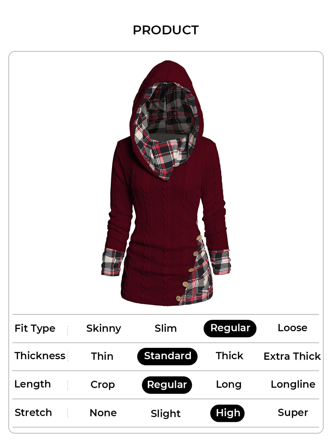 Twisted Cable Knit Plaid Print Ruched Hooded Sweater