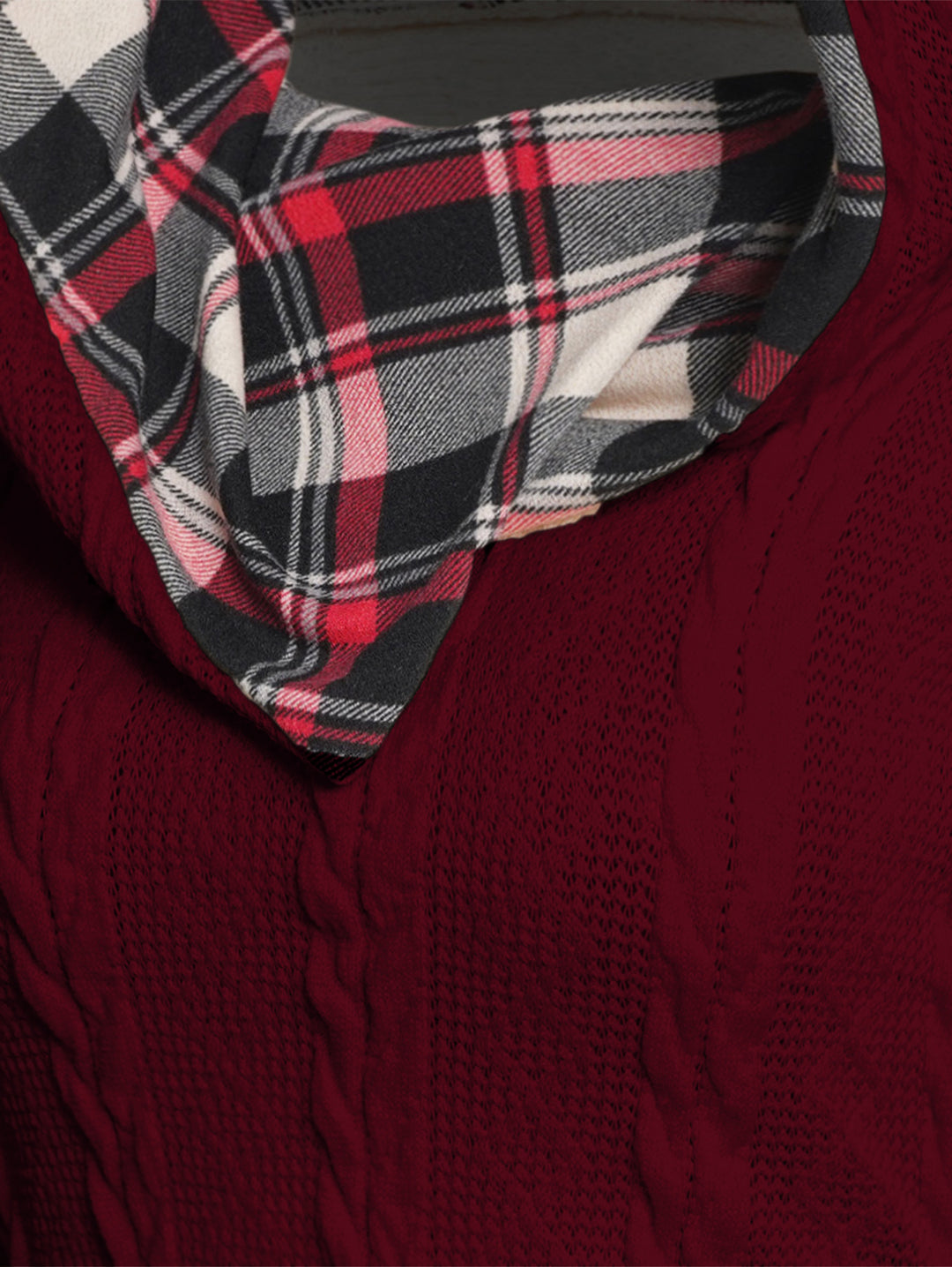 Twisted Cable Knit Plaid Print Ruched Hooded Sweater