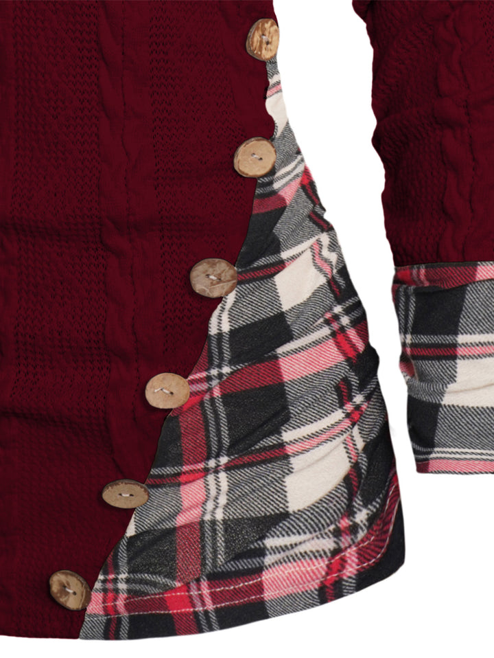 Twisted Cable Knit Plaid Print Ruched Hooded Sweater