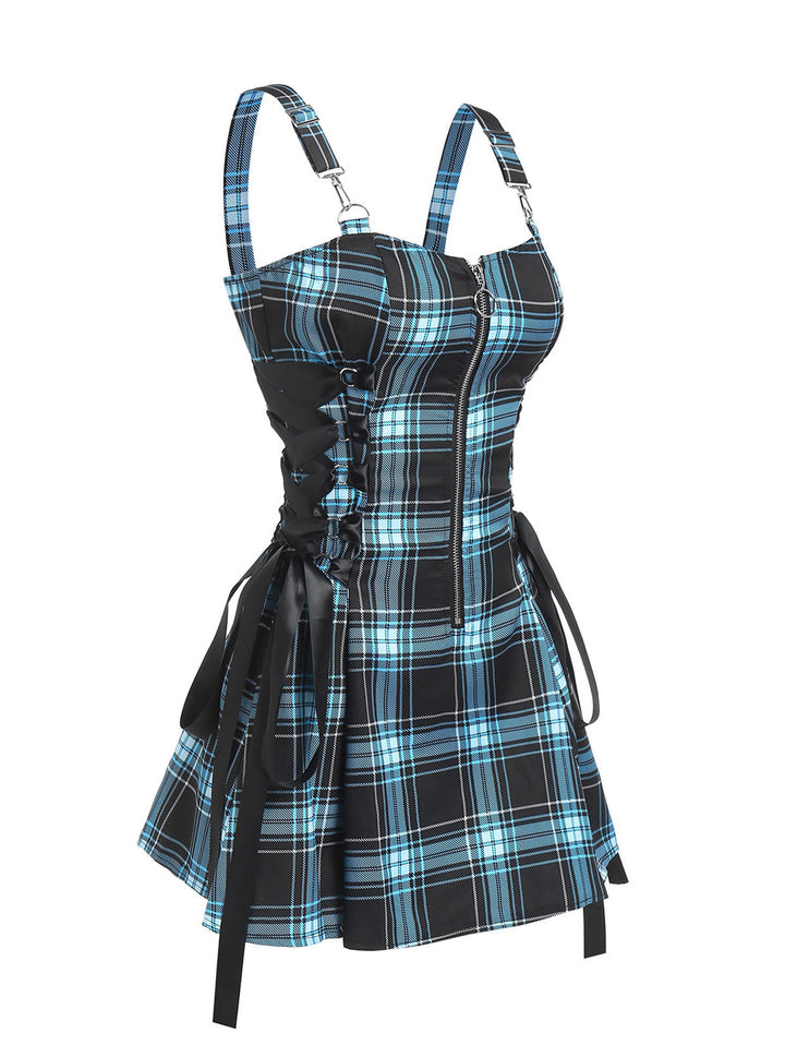 Gothic Plaid Lace Up Half Zipper Dress