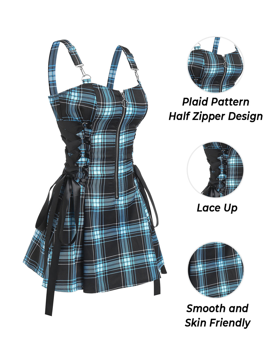 Gothic Plaid Lace Up Half Zipper Dress