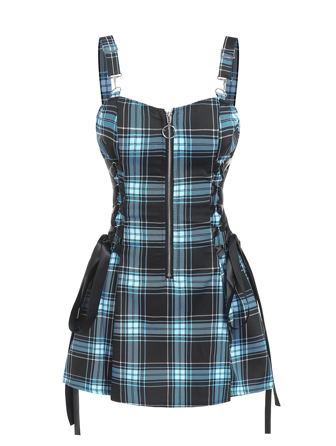 Gothic Plaid Lace Up Half Zipper Dress