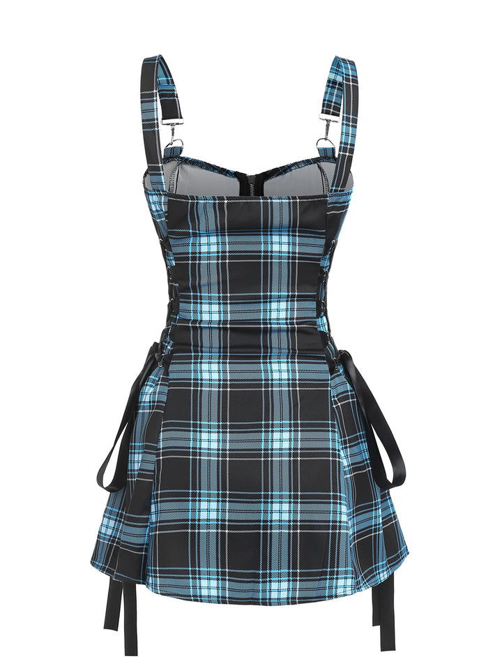 Gothic Plaid Lace Up Half Zipper Dress