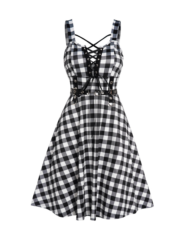 Plaid Print Crisscross Lace Up Grommet High Waisted Sleeveless A Line Mini Dress