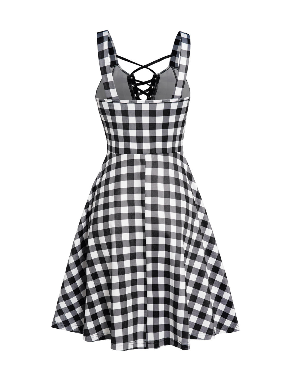 Plaid Print Crisscross Lace Up Grommet High Waisted Sleeveless A Line Mini Dress