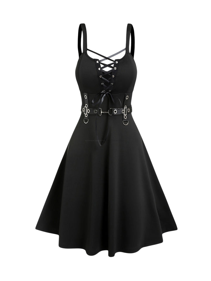 Punk Gothic Lace Up D-ring A Line High Waist Dress-Black