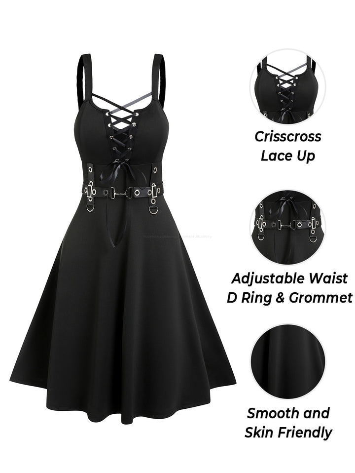 Punk Gothic Lace Up D-ring A Line High Waist Dress-Black