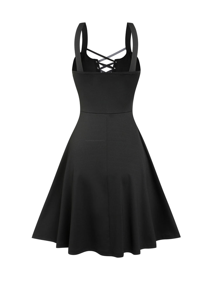 Punk Gothic Lace Up D-ring A Line High Waist Dress-Black