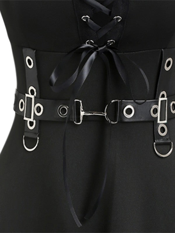 Punk Gothic Lace Up D-ring A Line High Waist Dress-Black