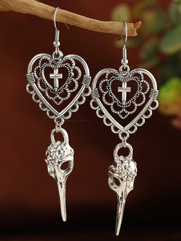 Gothic Heart & Cross Pattern Drop Earrings