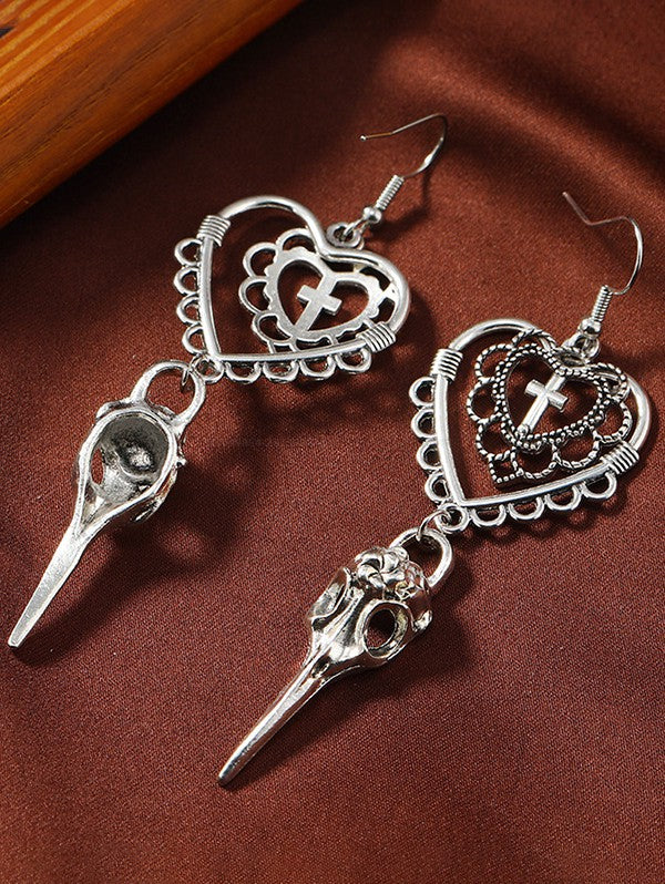 Gothic Heart & Cross Pattern Drop Earrings