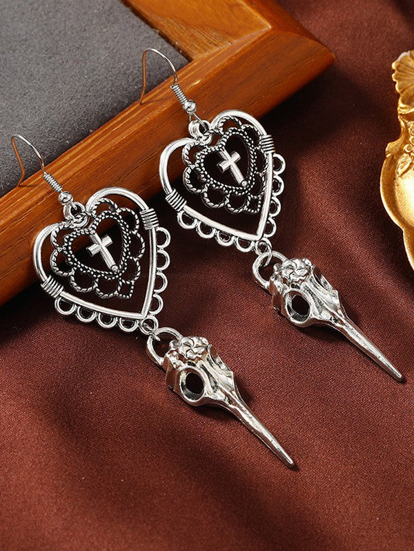 Gothic Heart & Cross Pattern Drop Earrings