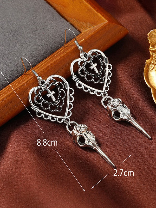 Gothic Heart & Cross Pattern Drop Earrings