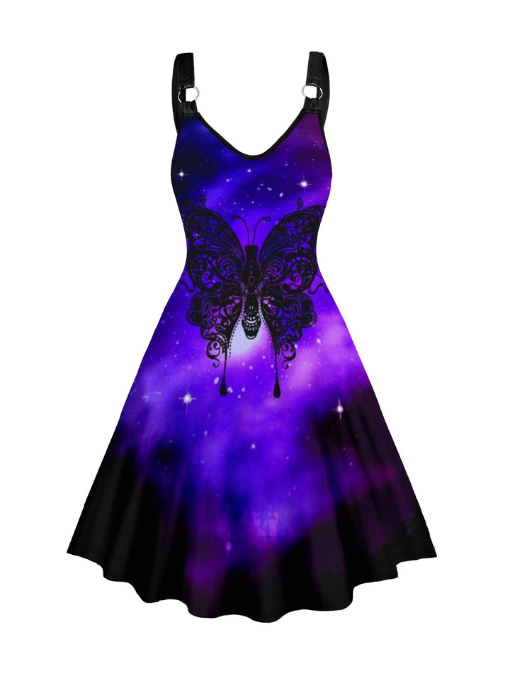 Butterfly Print O Ring V Neck A Line Casual Midi Tank Dress