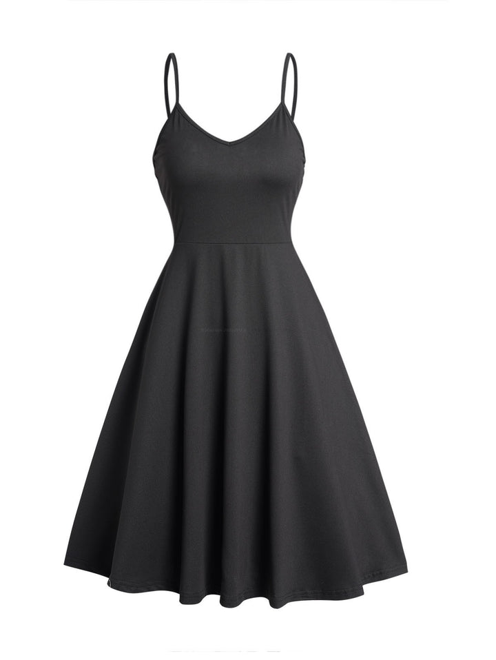 Red Grommet Tie Hooded Top & Black Sleeveless A Line Cami Dress Set