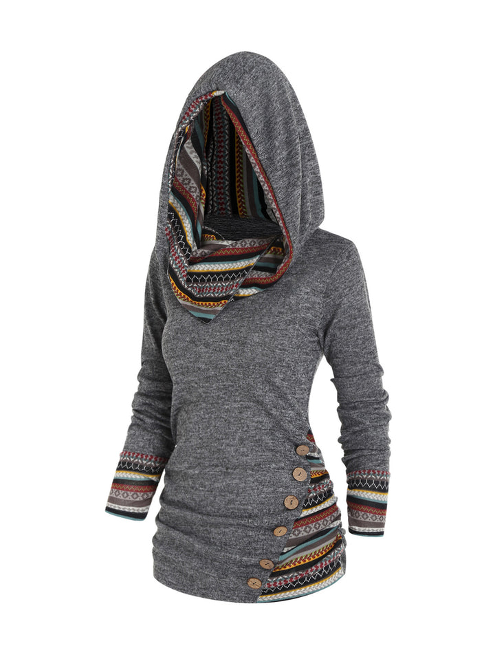 Tribal Geometric Stripe Panel Long Sleeve Hooded Knit Top