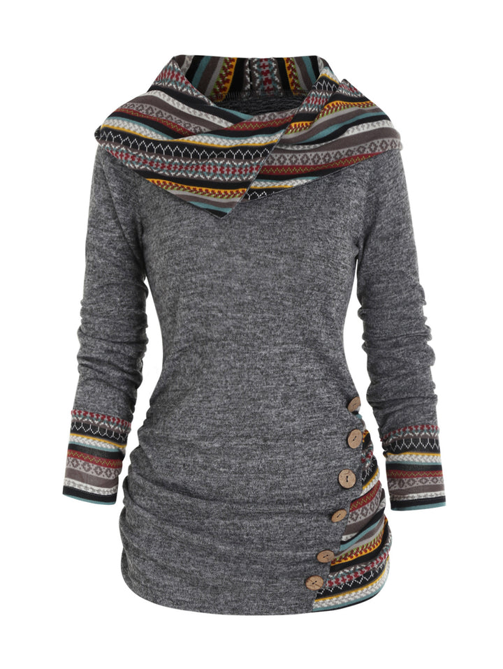 Tribal Geometric Stripe Panel Long Sleeve Hooded Knit Top