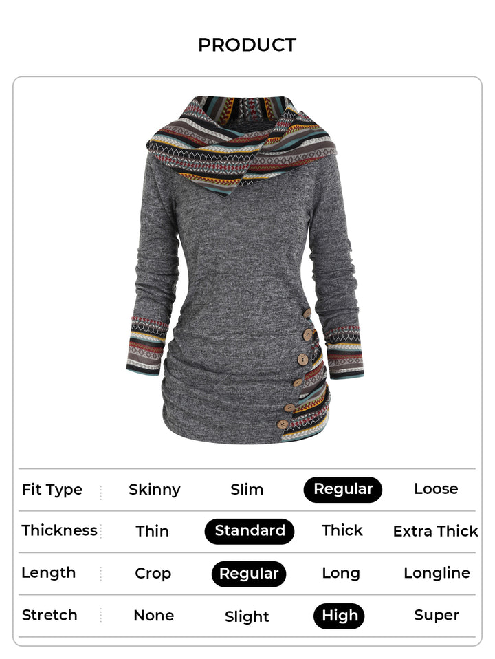 Tribal Geometric Stripe Panel Long Sleeve Hooded Knit Top