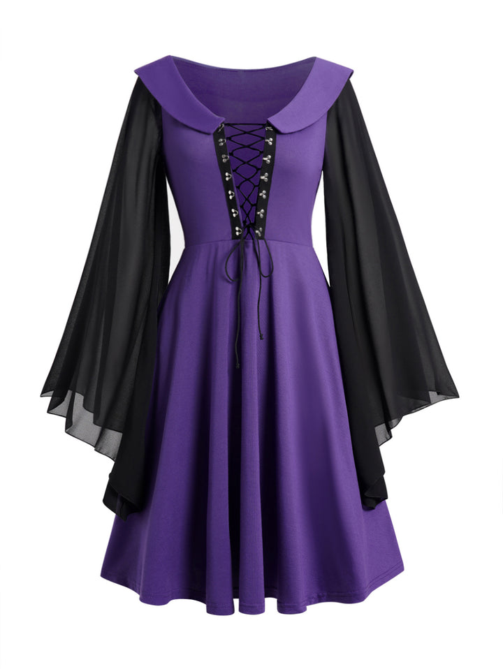 Lace Up Hasp Button Chiffon Long Sleeve Gothic Mini Dress