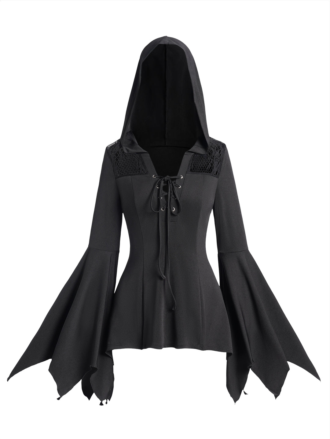 Lace Panel Flare Sleeve Lace Up Long Sleeve Gothic Hooded Top